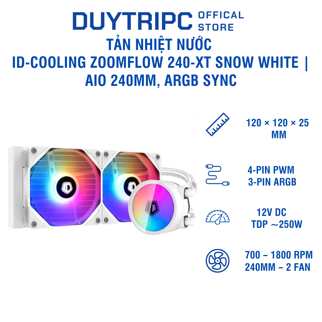 Tản nhiệt nước ID-Cooling ZOOMFLOW 240-XT Snow White | AIO 240mm, ARGB Sync, màu trắng cao cấp